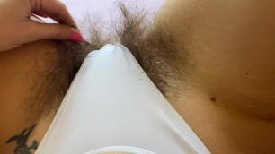 Hairy Pussy in White Swimsuit Closeup