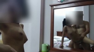 Asian in Panties gives a Standing Fuck in Front of a Mirror.