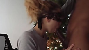 Big booty teen gives BBC a blowjob and gives up her pussy for Christmas (interracial)