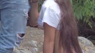 Hottie wife suck huge dick at public national park and not scary to be caught until cum shot on face