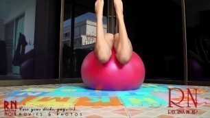 Naked yoga Naked gymnastics. Young beauty babe on fitball. Part 2