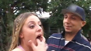 Model gets her mouth full of cum from three big cocks