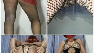 Hot Mirelladelicia dancing in a red sweater and black fishnet bodysuit, doing striptease with an anal plug inside