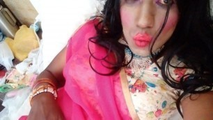 Priya sissy in sexy pink saree and sucking dildlo deepthroat