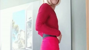 Sexy Crossdresser Red Dress and High Heels. Open Tight