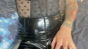 Trans girl teasing in PVC leggings and sexy lingerie