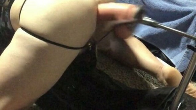 Locked sissy takes a dildo machine fuck in panties