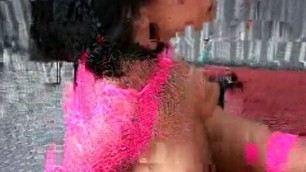 Pink fishnet wearing brunette takes huge wet load