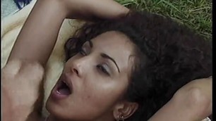 Interracial couple fuck ebony slut gets messy facial outdoors
