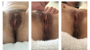 Brunette shaves a very hairy pussy. Protruding excited nipples