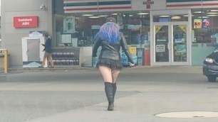 MILF in Short Mini Skirt and Fishnets Walking in Public
